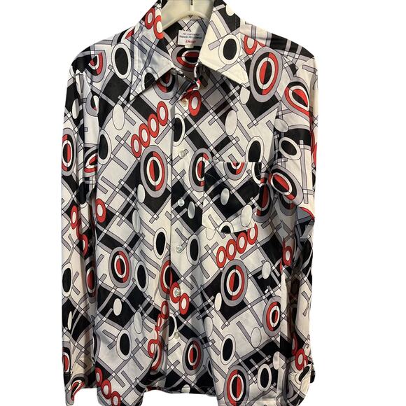Enro Vintage Men’s M Gray Red Abstract Long Sleeve Button Down Nylon Disco Shirt - Picture 1 of 12